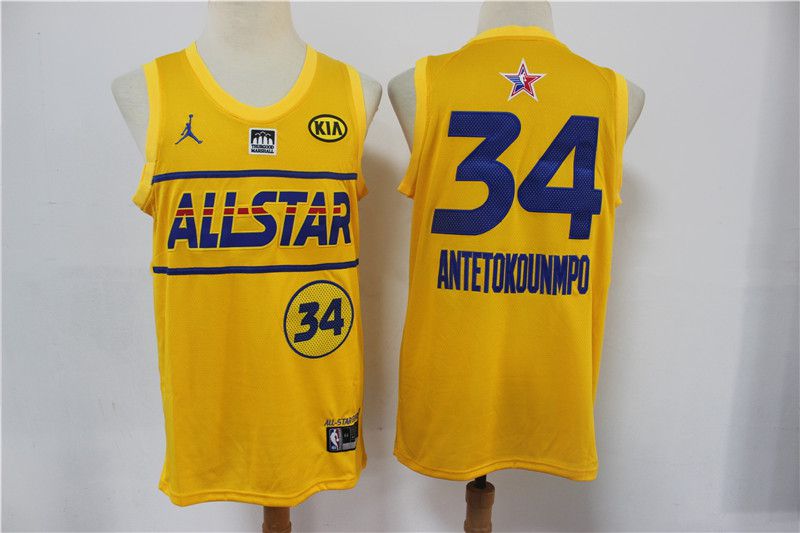 Men Milwaukee Bucks 34 Antetokounmpo Yellow NBA 2020-2021 All Star Jersey